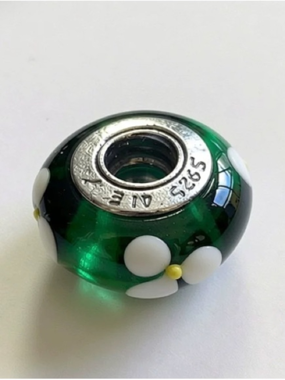 Sterling Silver 925 Green Glass Flower Bead Charm